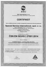 Certificate for Information Security Management System ČSN EN ISO 27001:2014