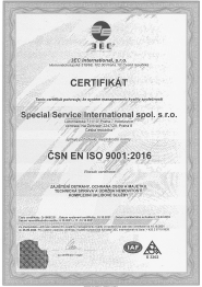 Certificate for quality management systemČSN EN ISO 9001:2016